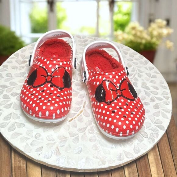Crocs Kids Minnie Mouse Lined Classic Clog Red Polka Dot Cozy Disney Parks Size - Picture 3 of 12